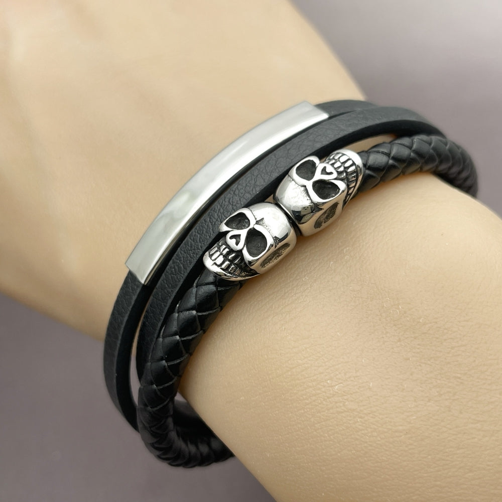 Stainless Steel Fancy Bracelet, Skull Design, Black Leather Finish, Steel Finish