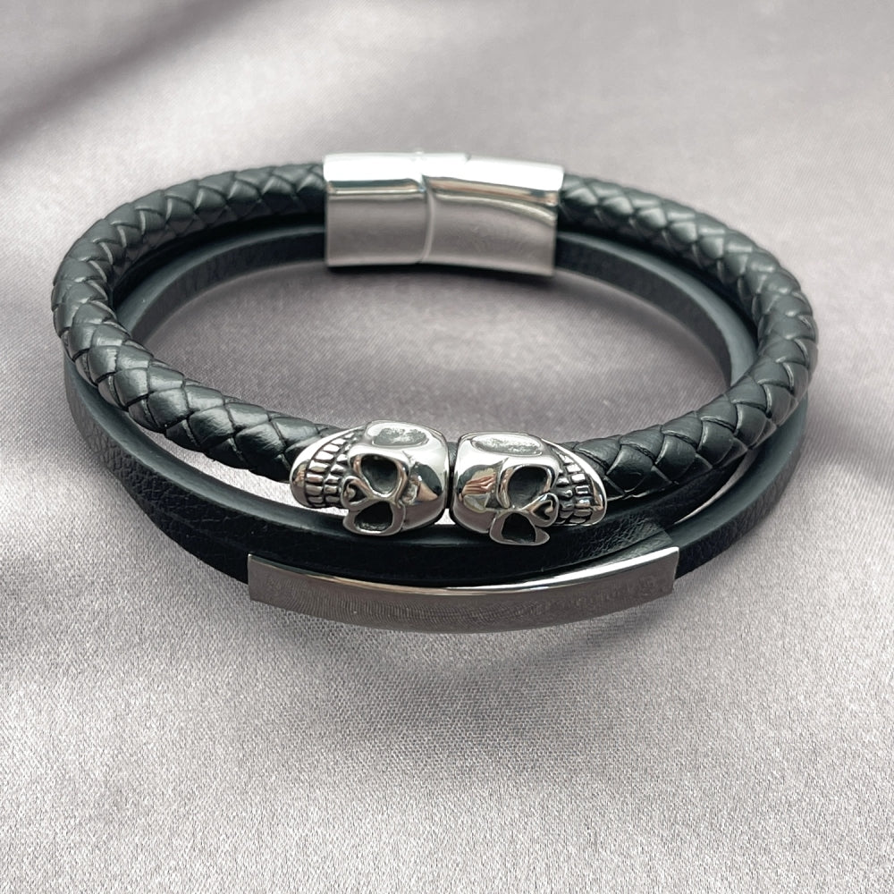 Stainless Steel Fancy Bracelet, Skull Design, Black Leather Finish, Steel Finish