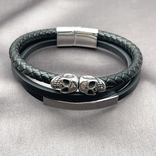 Stainless Steel Fancy Bracelet, Skull Design, Black Leather Finish, Steel Finish