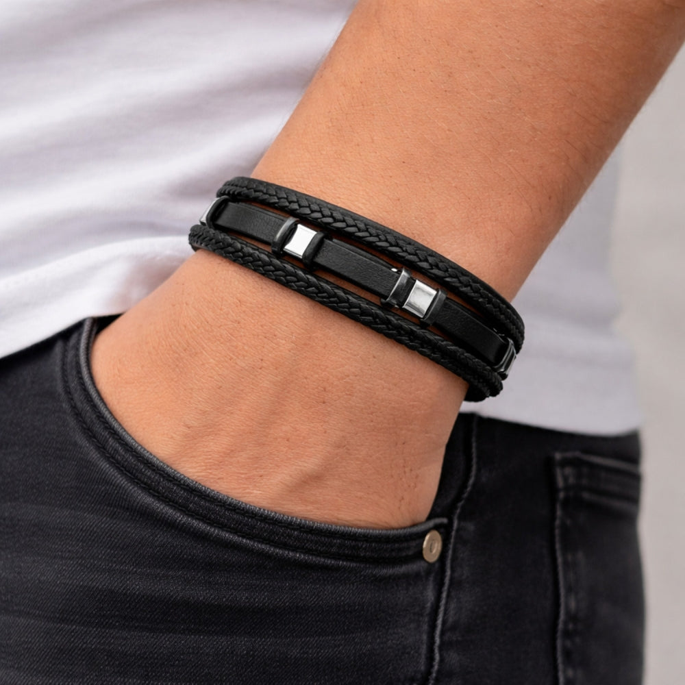 Stainless Steel Fancy Bracelet, Black Leather Finish, Steel Finish