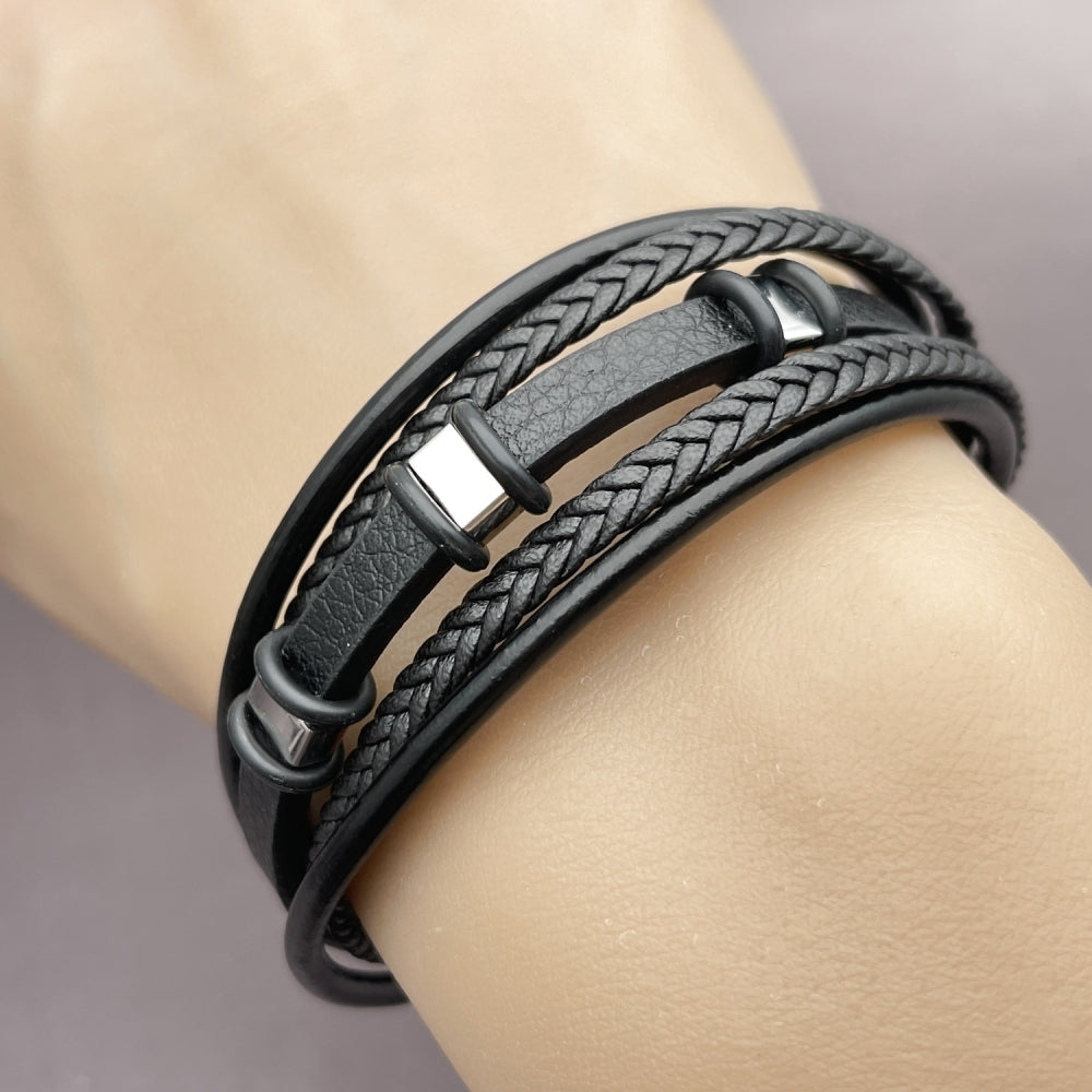 Stainless Steel Fancy Bracelet, Black Leather Finish, Steel Finish