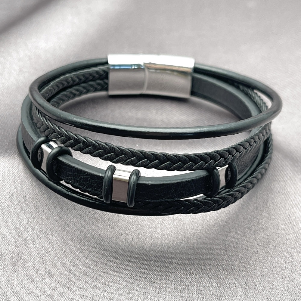 Stainless Steel Fancy Bracelet, Black Leather Finish, Steel Finish
