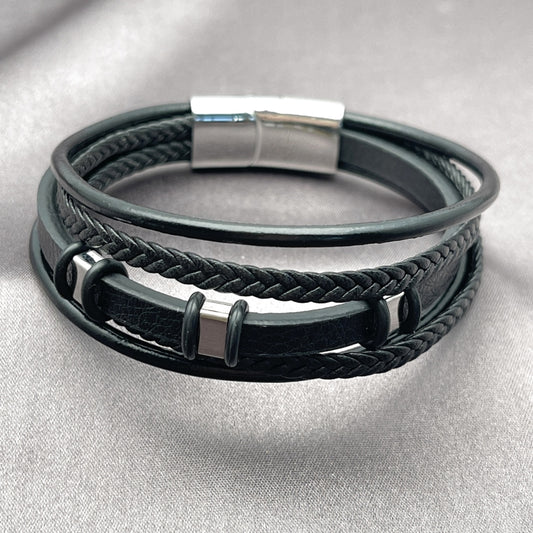 Stainless Steel Fancy Bracelet, Black Leather Finish, Steel Finish