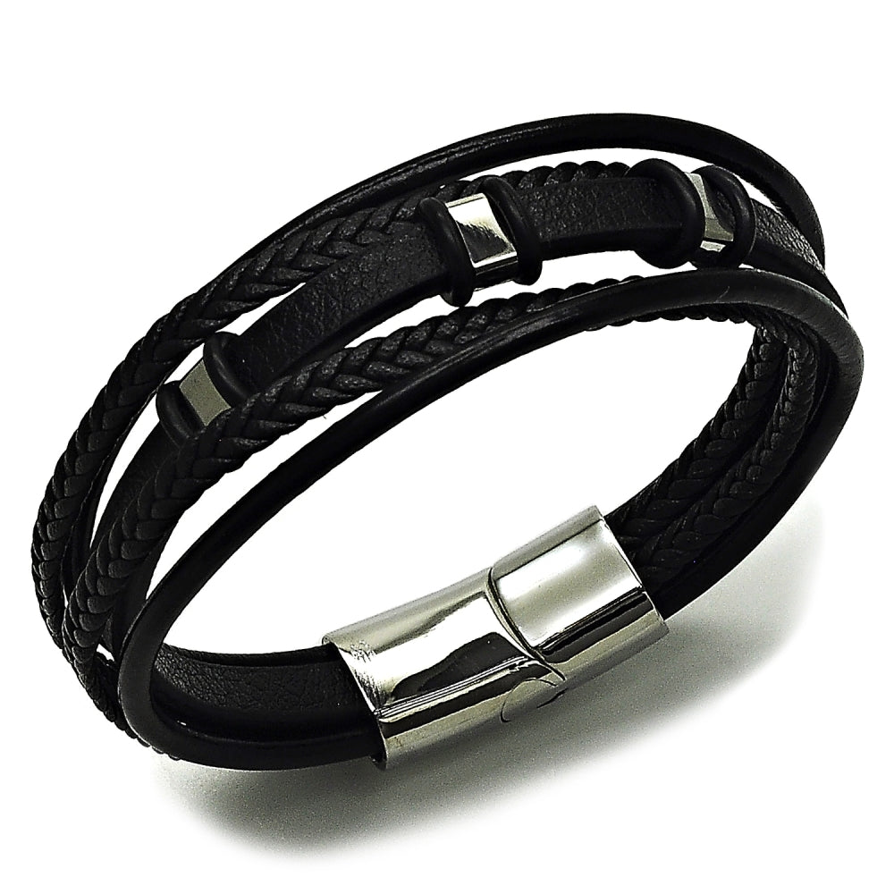 Stainless Steel Fancy Bracelet, Black Leather Finish, Steel Finish