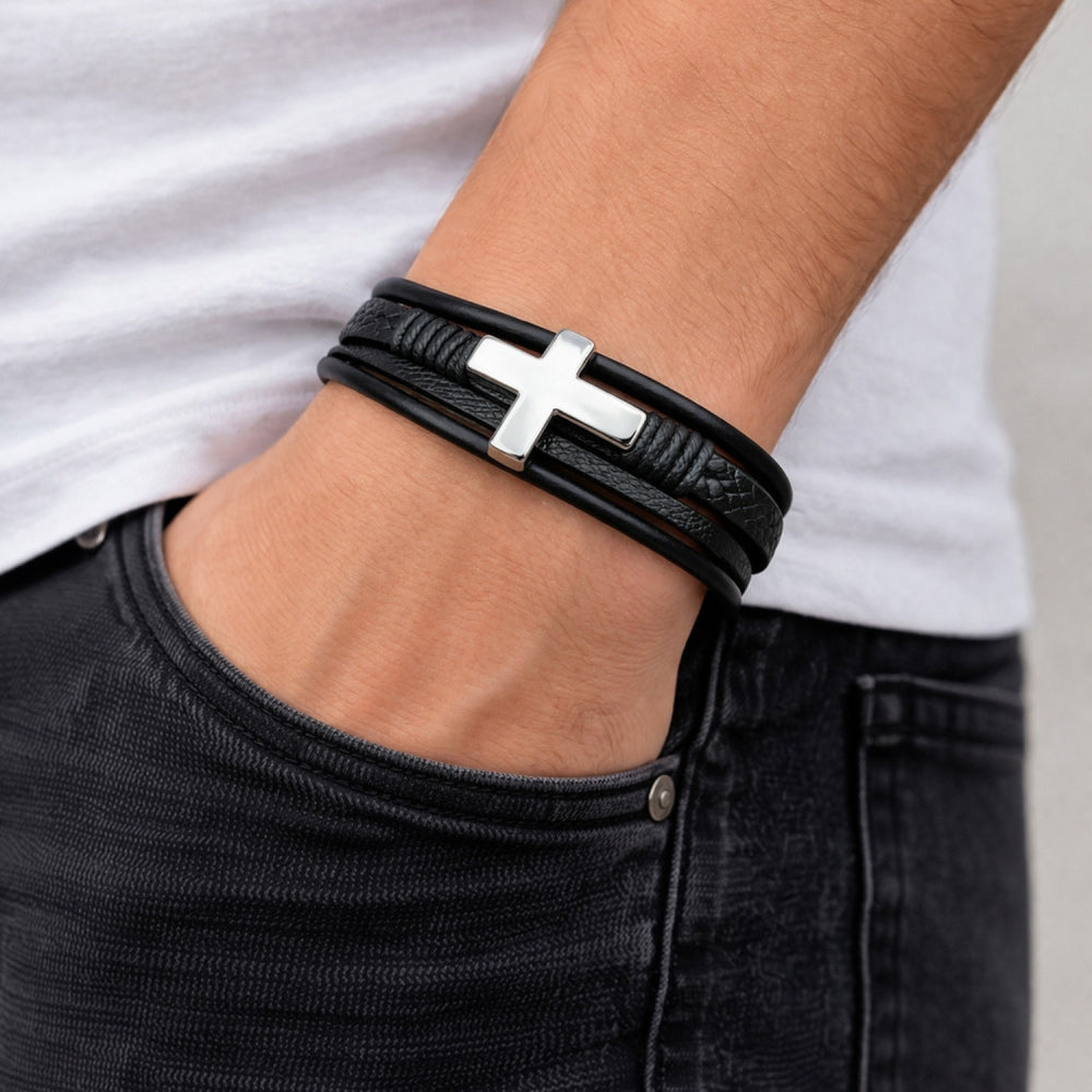Stainless Steel Fancy Bracelet, Cross Design, Polished, Steel Finish