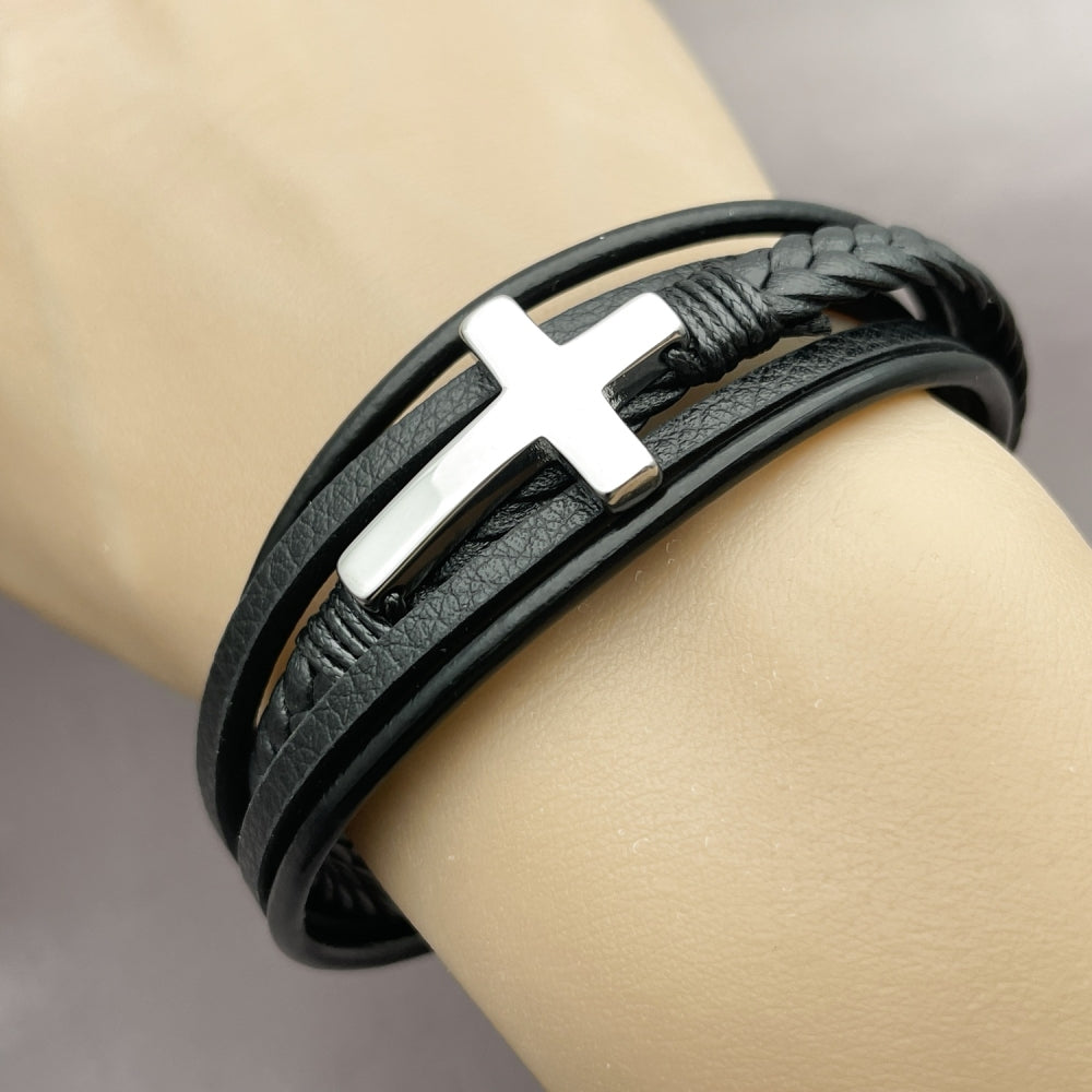 Stainless Steel Fancy Bracelet, Cross Design, Polished, Steel Finish