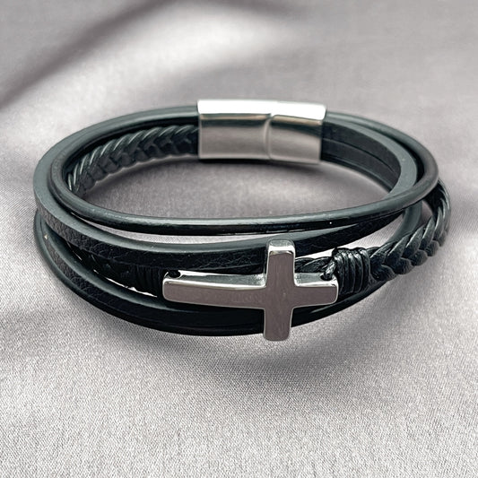 Stainless Steel Fancy Bracelet, Cross Design, Polished, Steel Finish