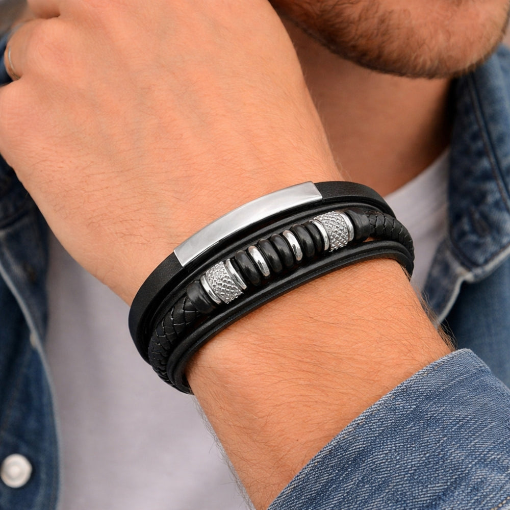 Stainless Steel Fancy Bracelet, Black Leather Finish, Steel Finish