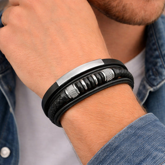 Stainless Steel Fancy Bracelet, Black Leather Finish, Steel Finish