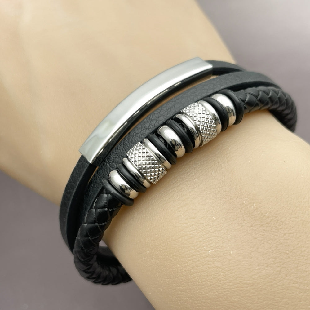 Stainless Steel Fancy Bracelet, Black Leather Finish, Steel Finish