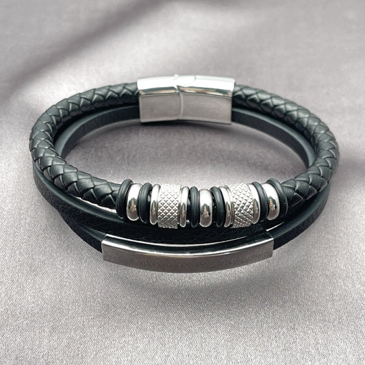 Stainless Steel Fancy Bracelet, Black Leather Finish, Steel Finish