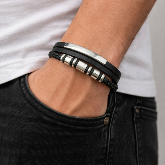 Stainless Steel Fancy Bracelet, Black Leather Finish, Steel Finish