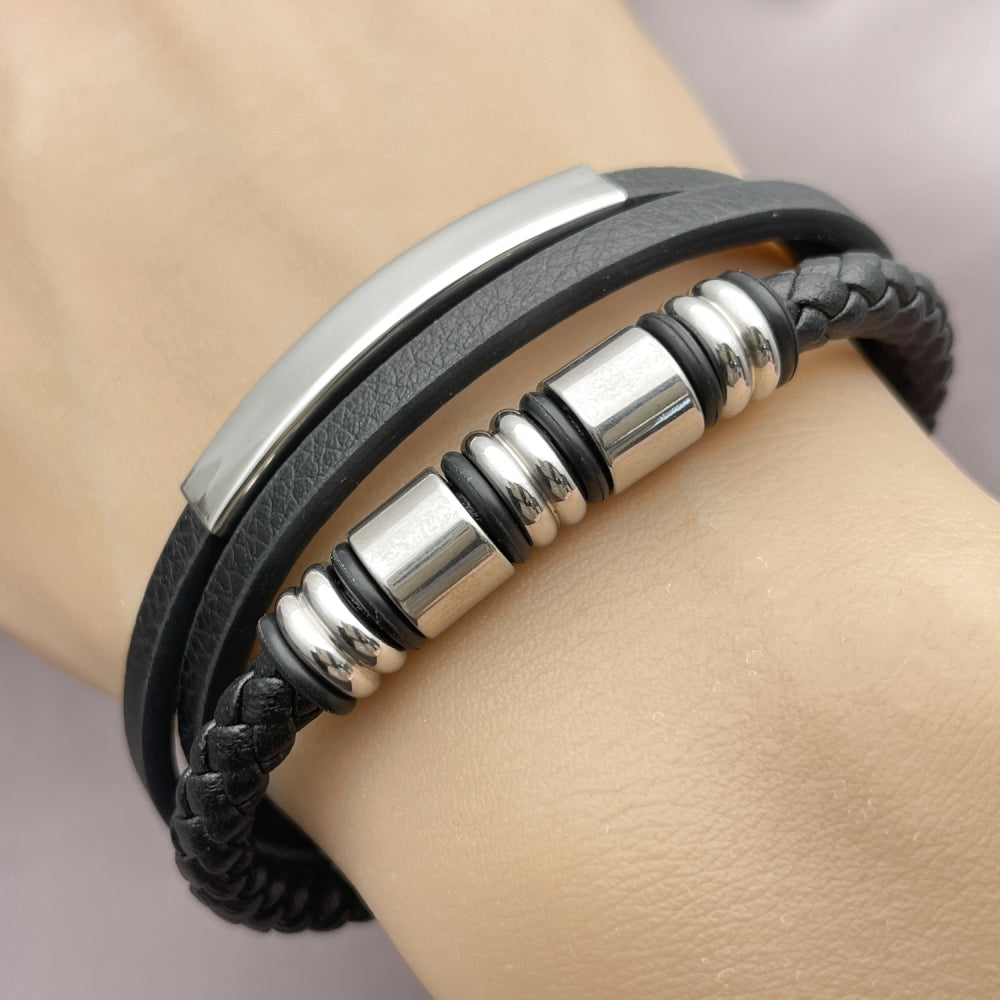 Stainless Steel Fancy Bracelet, Black Leather Finish, Steel Finish