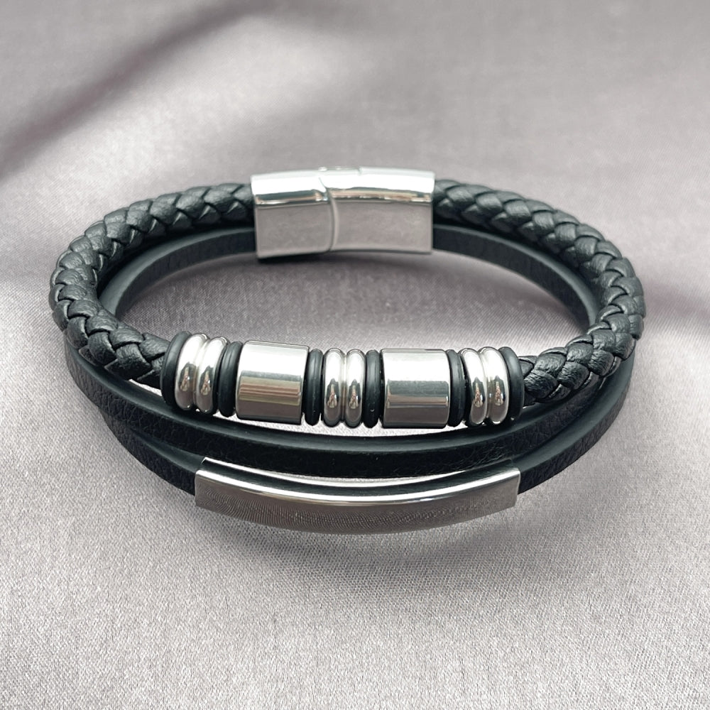 Stainless Steel Fancy Bracelet, Black Leather Finish, Steel Finish
