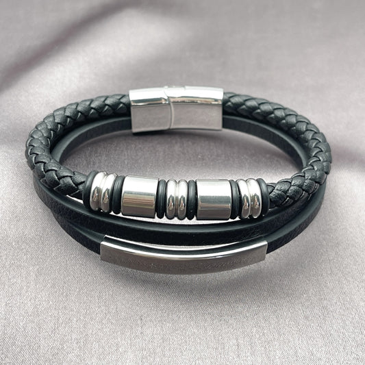 Stainless Steel Fancy Bracelet, Black Leather Finish, Steel Finish