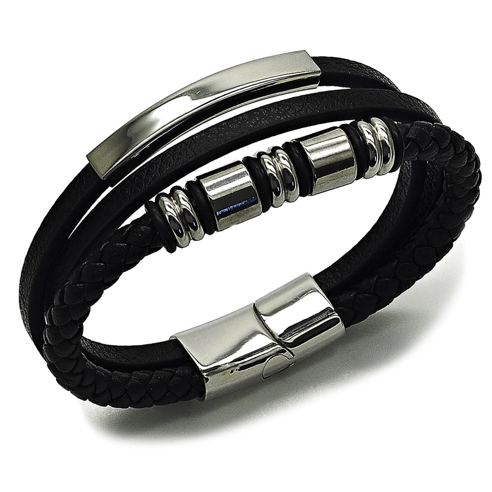 Stainless Steel Fancy Bracelet, Black Leather Finish, Steel Finish