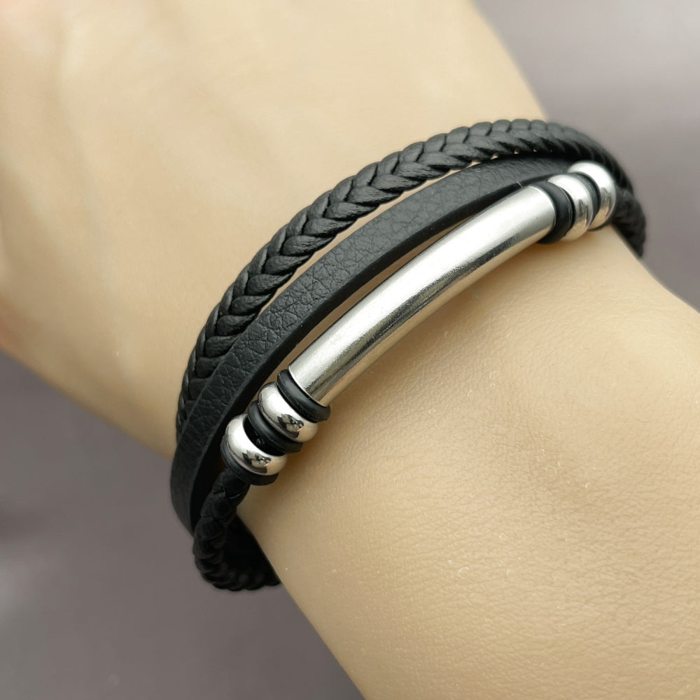 Stainless Steel Fancy Bracelet, Black Leather Finish, Steel Finish