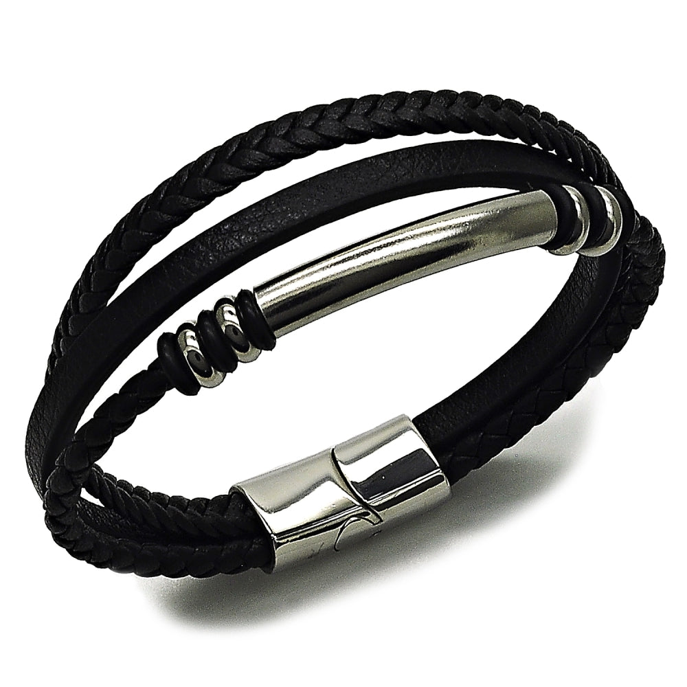 Stainless Steel Fancy Bracelet, Black Leather Finish, Steel Finish