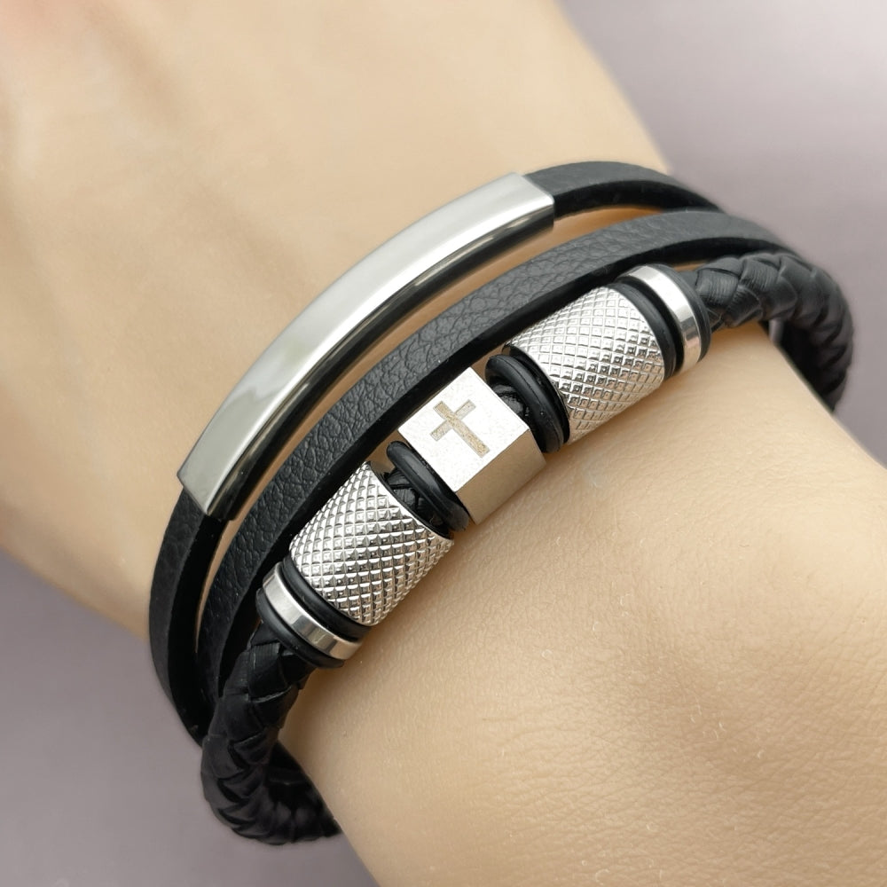 Stainless Steel Fancy Bracelet, Cross Design, Black Leather Finish, Steel Finish