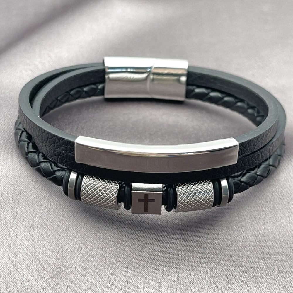 Stainless Steel Fancy Bracelet, Cross Design, Black Leather Finish, Steel Finish