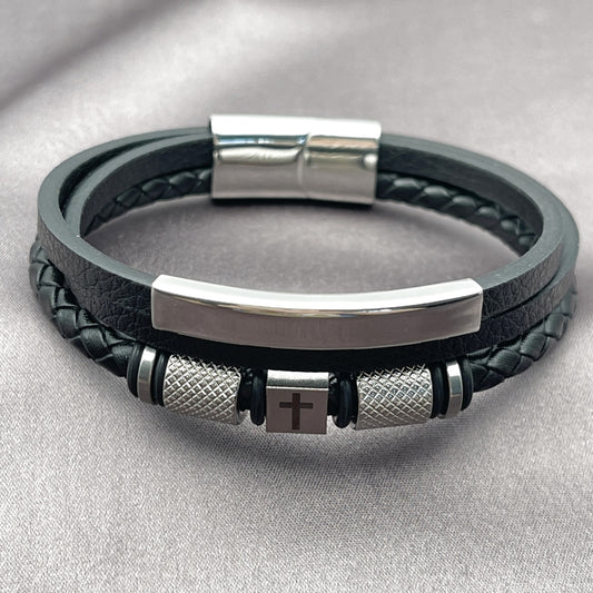 Stainless Steel Fancy Bracelet, Cross Design, Black Leather Finish, Steel Finish