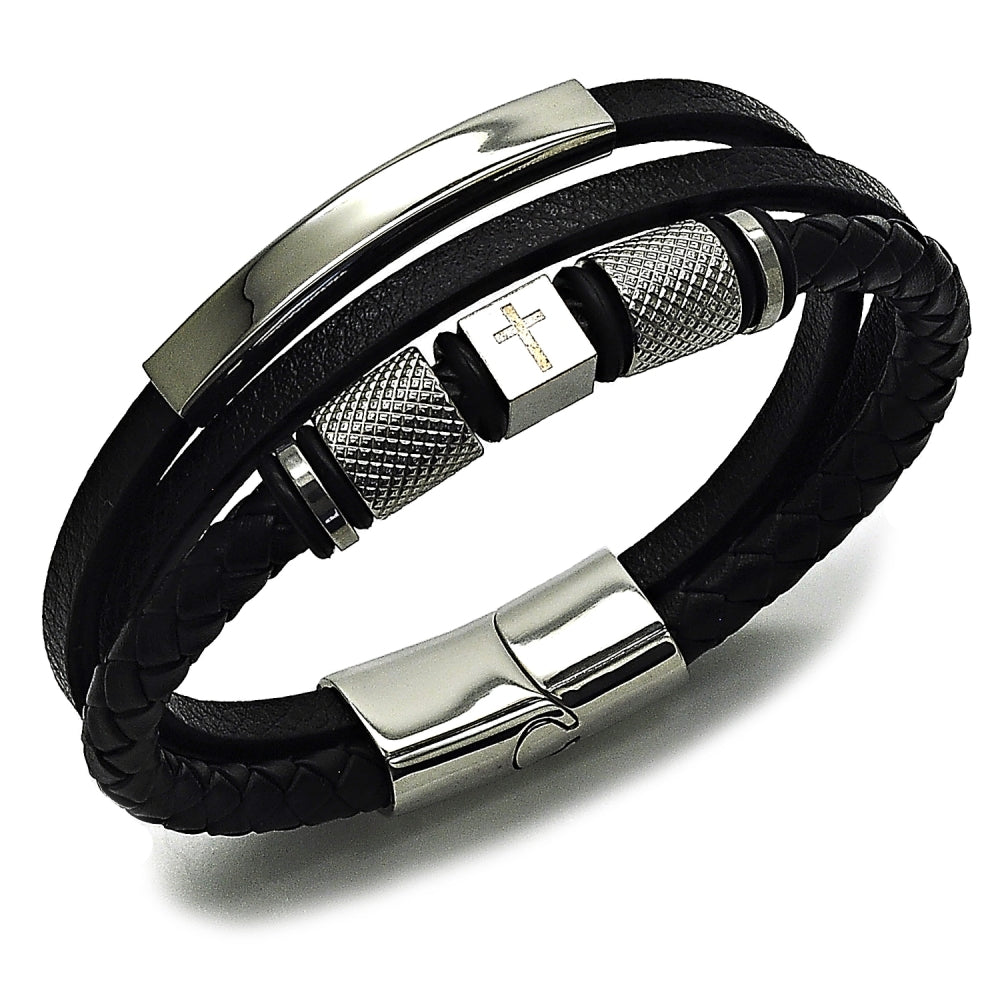 Stainless Steel Fancy Bracelet, Cross Design, Black Leather Finish, Steel Finish