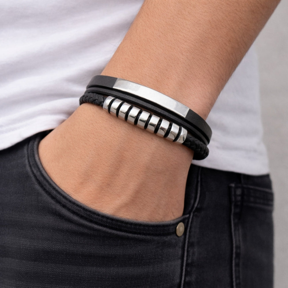 Stainless Steel Fancy Bracelet, Twist and Spiral Design, Black Leather Finish, Steel Finish