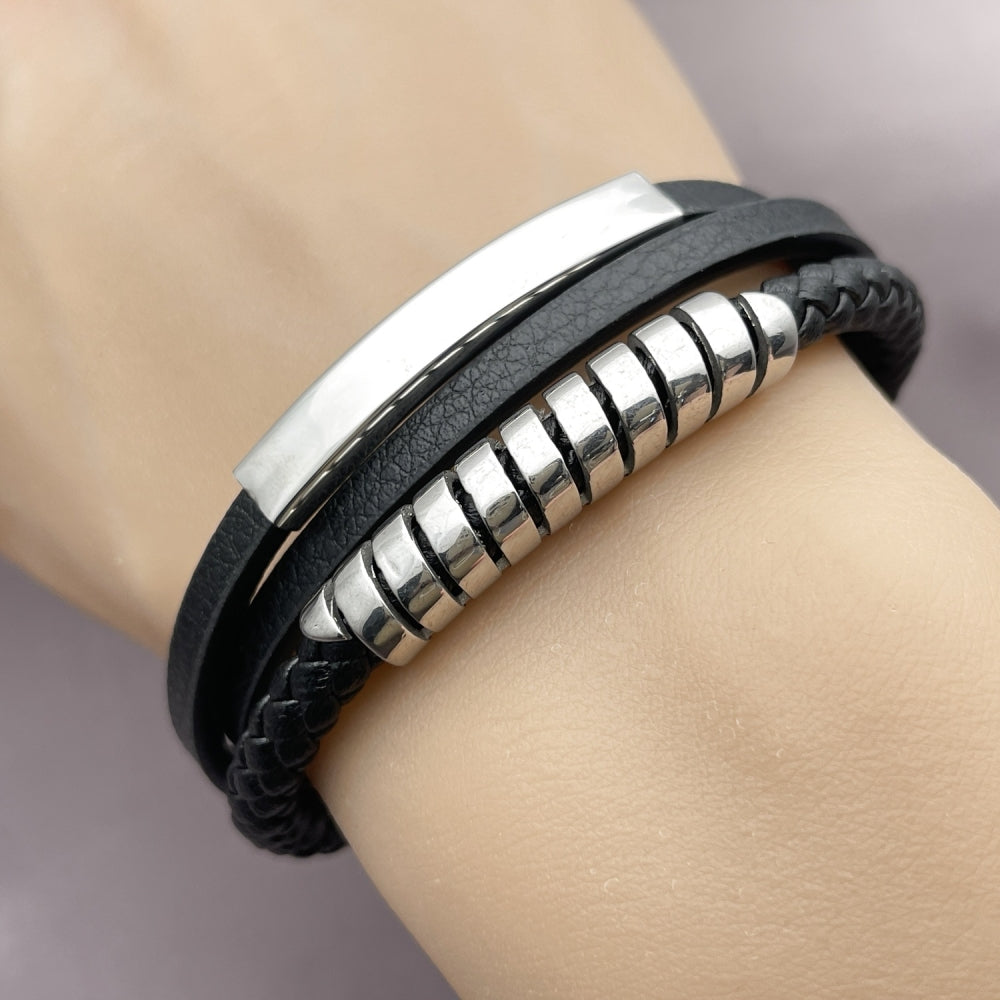 Stainless Steel Fancy Bracelet, Twist and Spiral Design, Black Leather Finish, Steel Finish