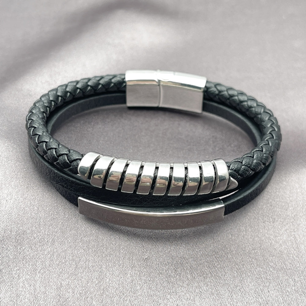 Stainless Steel Fancy Bracelet, Twist and Spiral Design, Black Leather Finish, Steel Finish