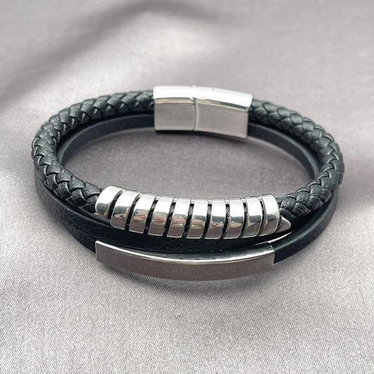 Stainless Steel Fancy Bracelet, Twist and Spiral Design, Black Leather Finish, Steel Finish