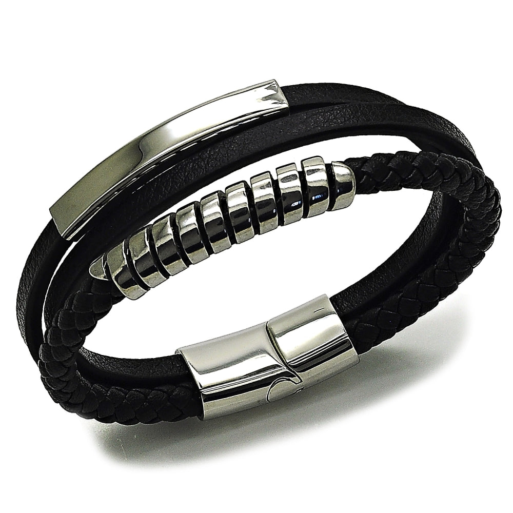 Stainless Steel Fancy Bracelet, Twist and Spiral Design, Black Leather Finish, Steel Finish