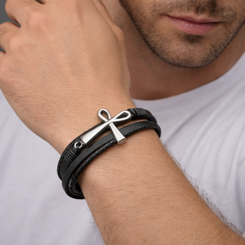 Stainless Steel Fancy Bracelet, Cross Design, Black Leather Finish, Steel Finish