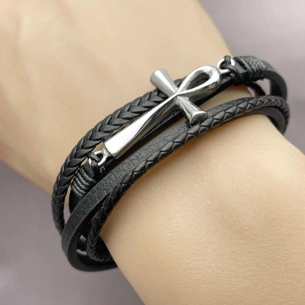 Stainless Steel Fancy Bracelet, Cross Design, Black Leather Finish, Steel Finish