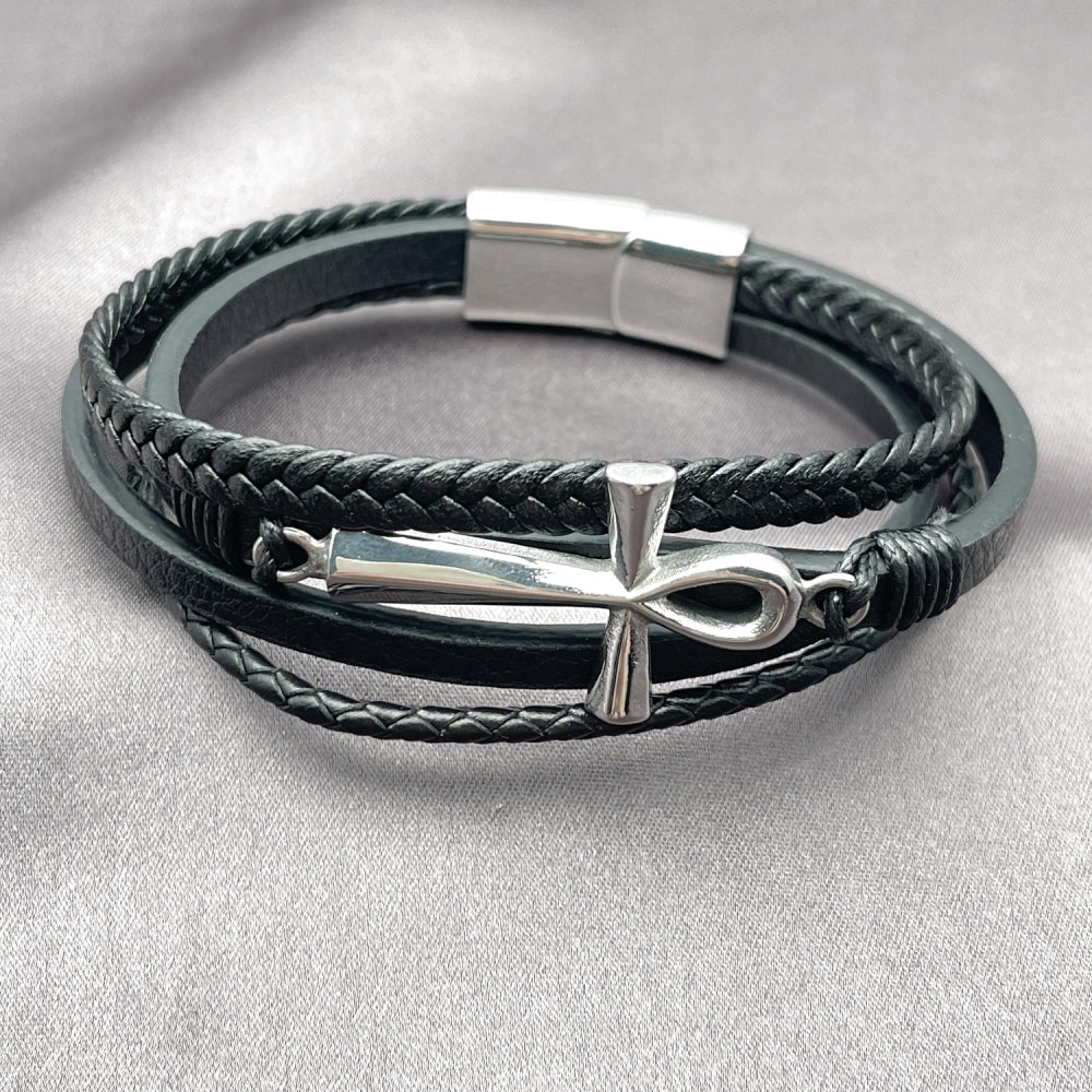 Stainless Steel Fancy Bracelet, Cross Design, Black Leather Finish, Steel Finish