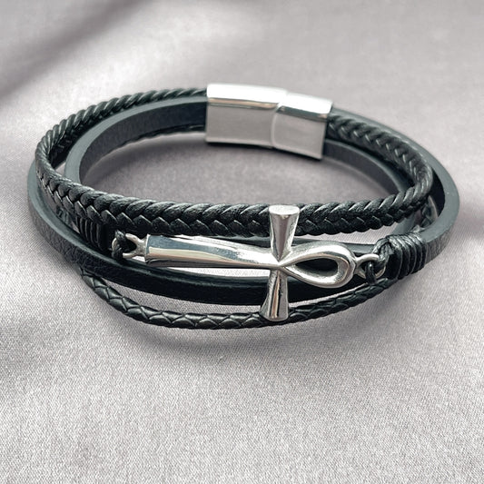 Stainless Steel Fancy Bracelet, Cross Design, Black Leather Finish, Steel Finish