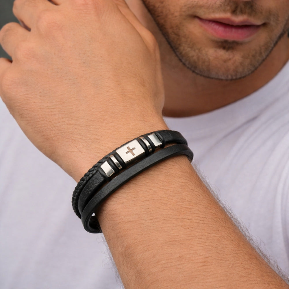 Stainless Steel Fancy Bracelet, Cross Design, Black Leather Finish, Steel Finish