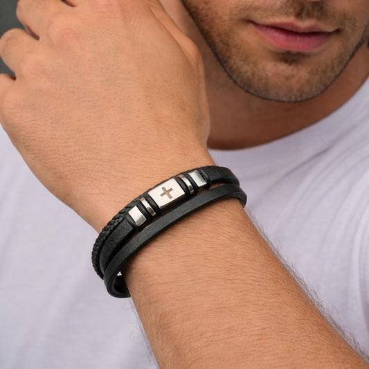 Stainless Steel Fancy Bracelet, Cross Design, Black Leather Finish, Steel Finish