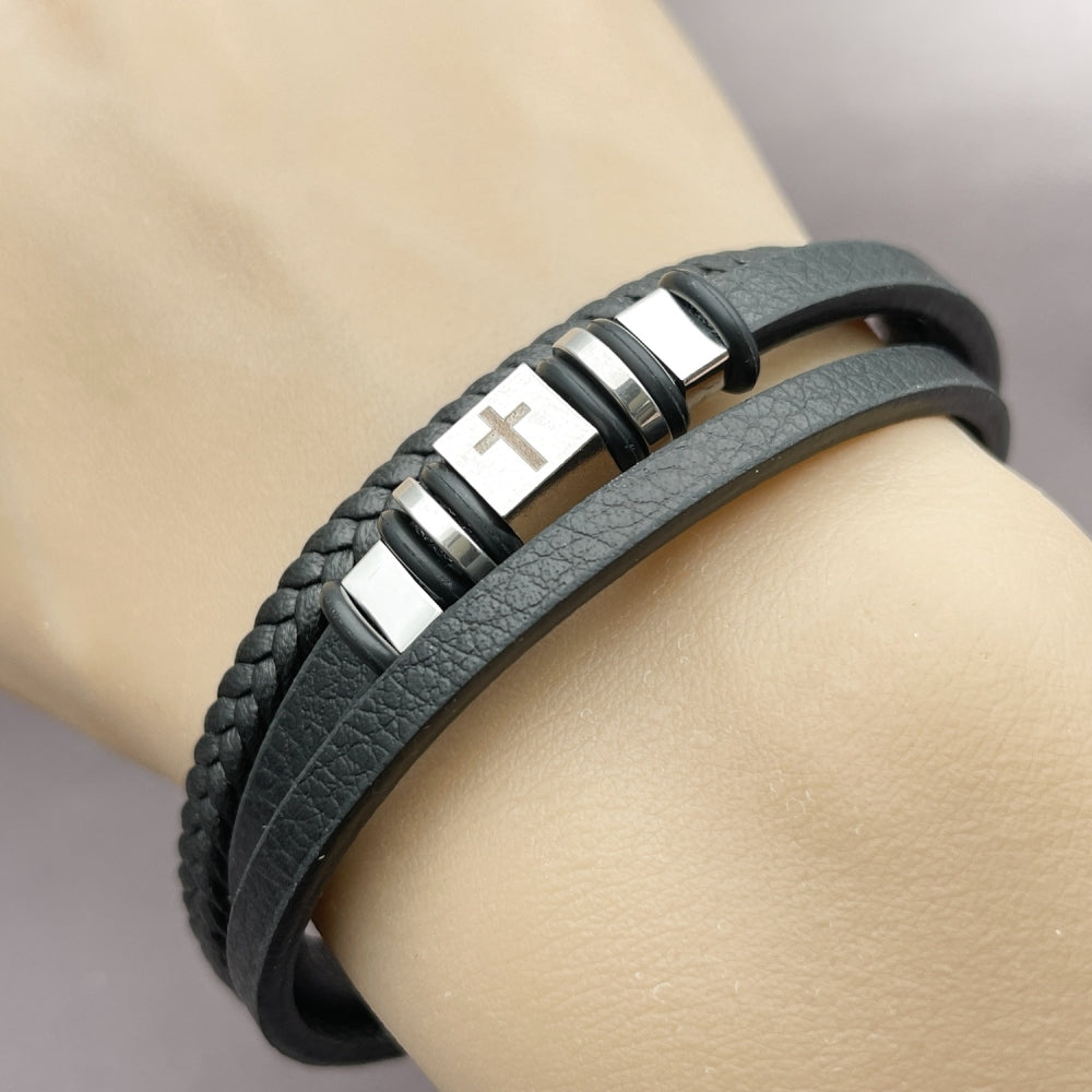 Stainless Steel Fancy Bracelet, Cross Design, Black Leather Finish, Steel Finish