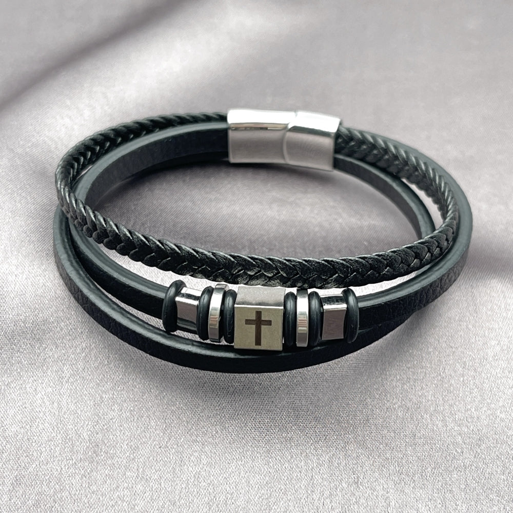Stainless Steel Fancy Bracelet, Cross Design, Black Leather Finish, Steel Finish