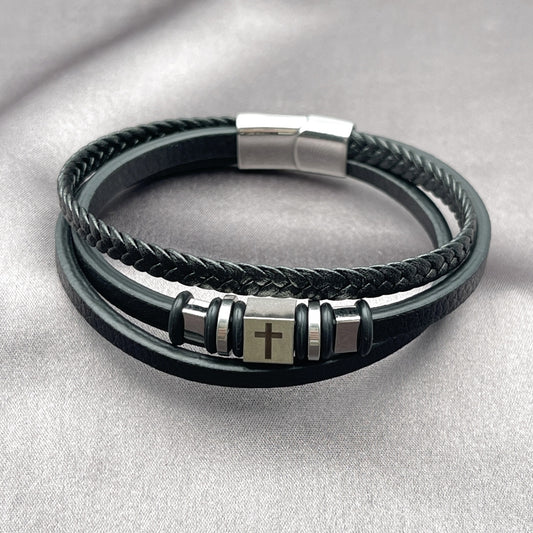 Stainless Steel Fancy Bracelet, Cross Design, Black Leather Finish, Steel Finish