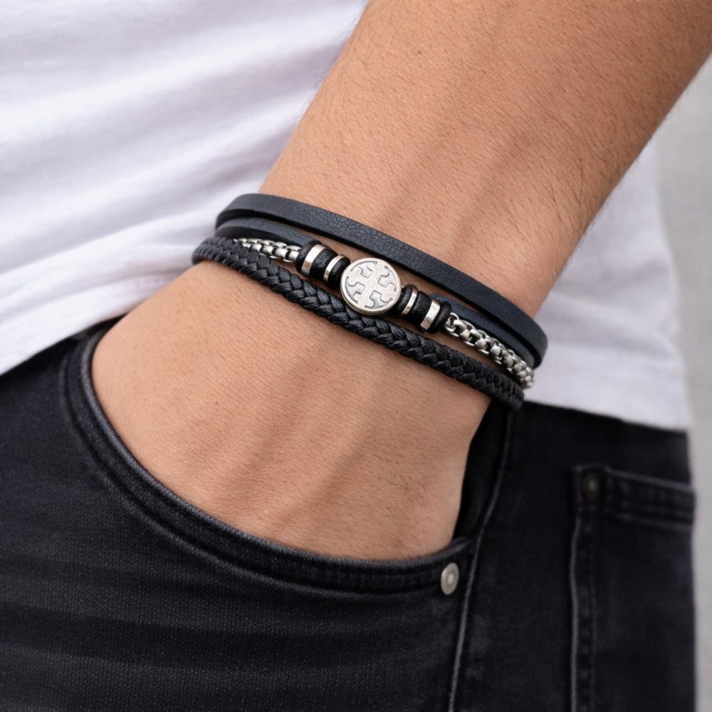 Stainless Steel Fancy Bracelet, Cross and Box Design, Black Leather Finish, Steel Finish