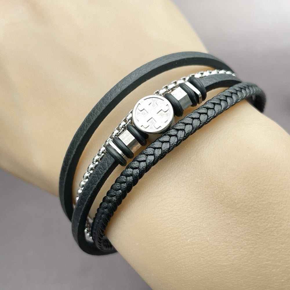 Stainless Steel Fancy Bracelet, Cross and Box Design, Black Leather Finish, Steel Finish