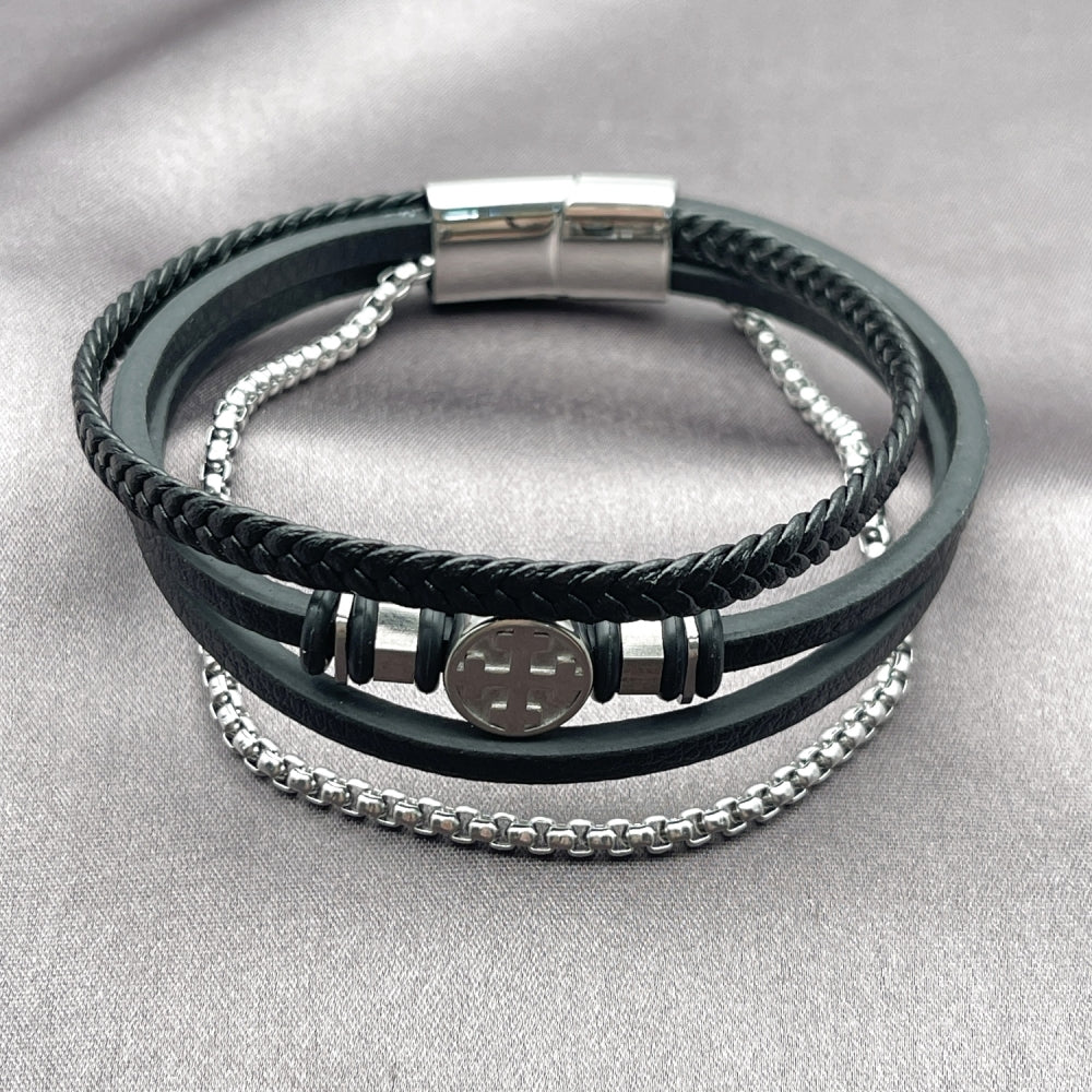 Stainless Steel Fancy Bracelet, Cross and Box Design, Black Leather Finish, Steel Finish