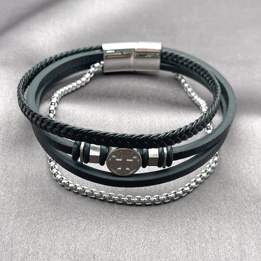 Stainless Steel Fancy Bracelet, Cross and Box Design, Black Leather Finish, Steel Finish