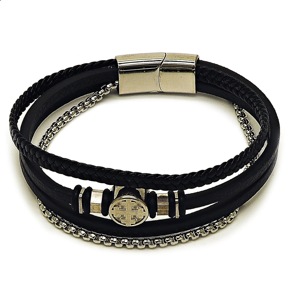 Stainless Steel Fancy Bracelet, Cross and Box Design, Black Leather Finish, Steel Finish