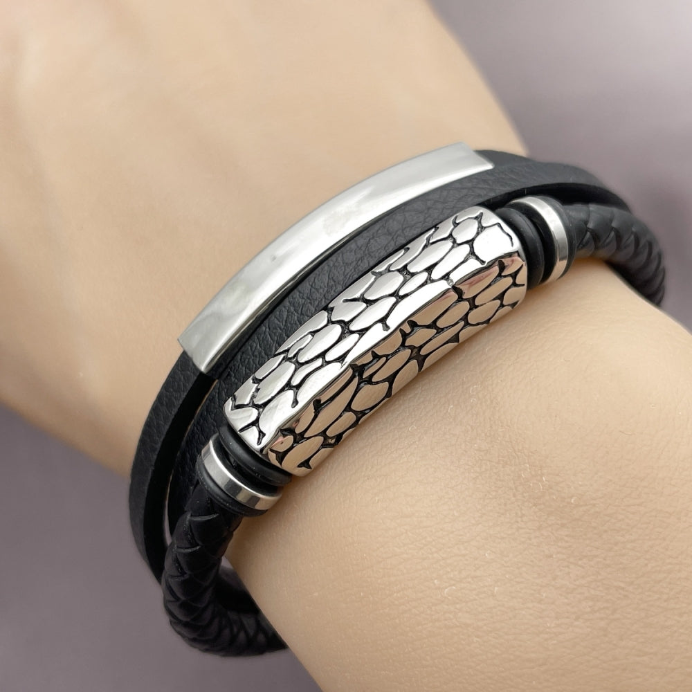 Stainless Steel Fancy Bracelet, Nameplate Design, Black Leather Finish, Steel Finish