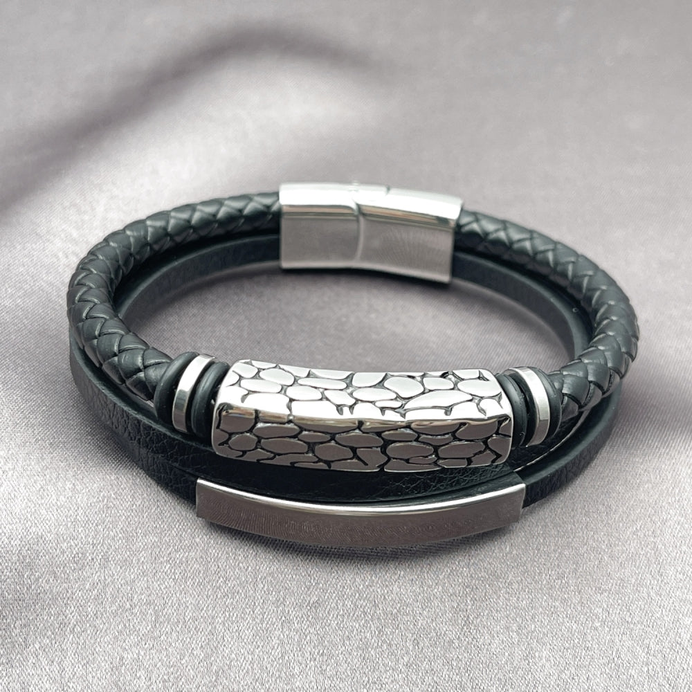 Stainless Steel Fancy Bracelet, Nameplate Design, Black Leather Finish, Steel Finish