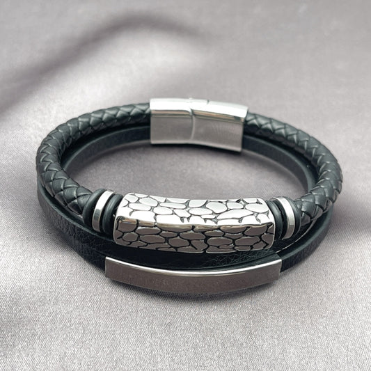 Stainless Steel Fancy Bracelet, Nameplate Design, Black Leather Finish, Steel Finish