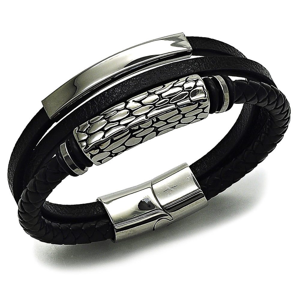 Stainless Steel Fancy Bracelet, Nameplate Design, Black Leather Finish, Steel Finish