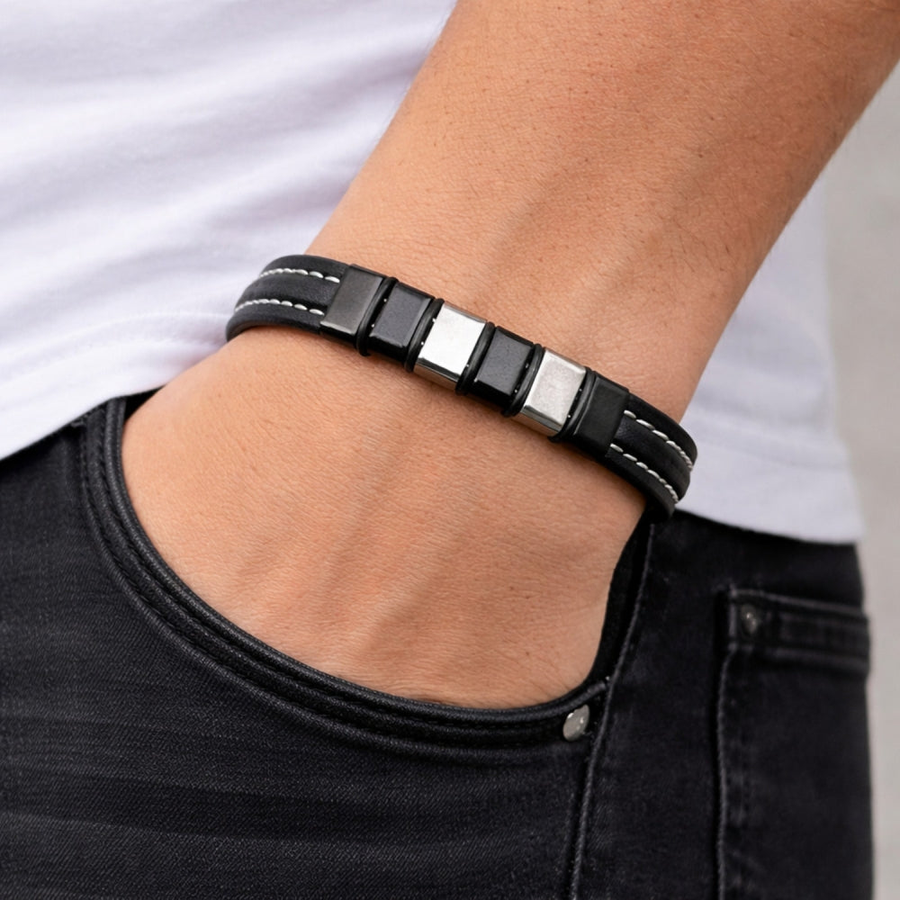 Stainless Steel Fancy Bracelet, Black Leather Finish, Steel Finish